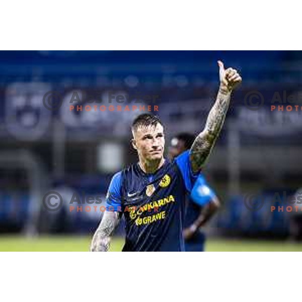 Franko Kovacevic celebrates victory after UEFA Conference League 2025/26 qualification football match between NK Celje (SLO) and FC Lugano (SUI) in Stadion z’dezele, Celje, Slovenia on August 14, 2025. Photo: Jure Banfi