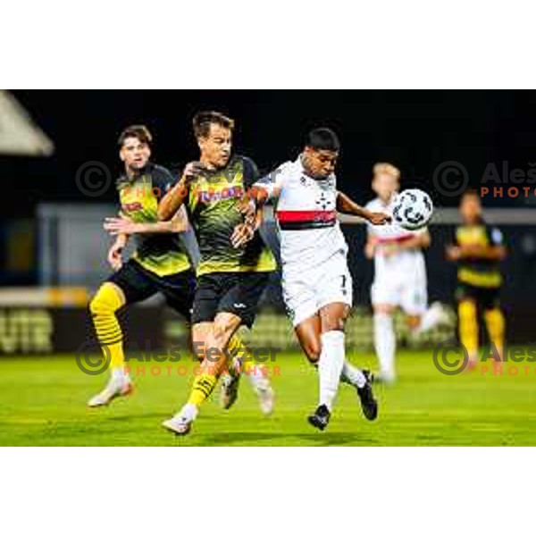 Ivan Calusic and Roger Andretty Murillo Soto in action during Prva liga Telemach 2025/2026 football match between Kalcer Radomlje and Primorje in Domzale, Slovenia on August 15, 2025