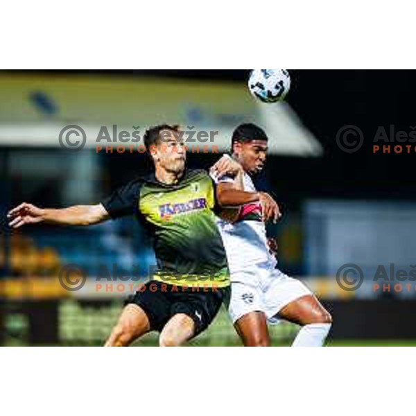 Ivan Calusic and Roger Andretty Murillo Soto in action during Prva liga Telemach 2025/2026 football match between Kalcer Radomlje and Primorje in Domzale, Slovenia on August 15, 2025