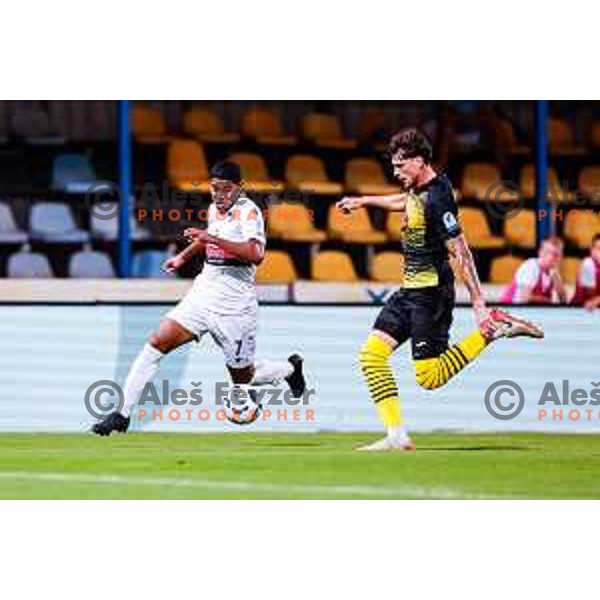 Ivan Calusic and Roger Andretty Murillo Soto in action during Prva liga Telemach 2025/2026 football match between Kalcer Radomlje and Primorje in Domzale, Slovenia on August 15, 2025