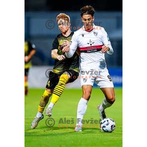 Matej Malensek and Haris Kadric in action during Prva liga Telemach 2025/2026 football match between Kalcer Radomlje and Primorje in Domzale, Slovenia on August 15, 2025