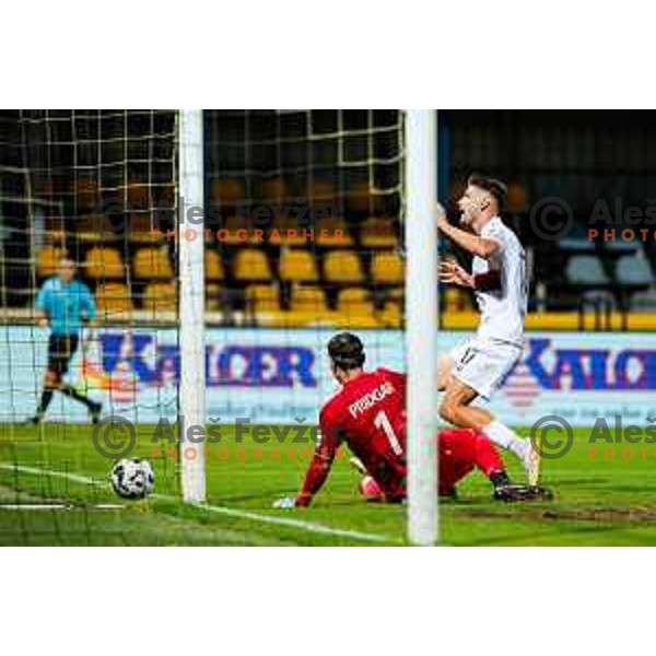 Samo Pridgar and Zan Besir in action during Prva liga Telemach 2025/2026 football match between Kalcer Radomlje and Primorje in Domzale, Slovenia on August 15, 2025