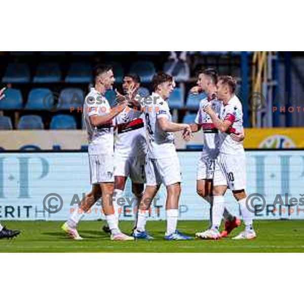 Matic Zavnik and players of Primorje celebrate a goal during Prva liga Telemach 2025/2026 football match between Kalcer Radomlje and Primorje in Domzale, Slovenia on August 15, 2025