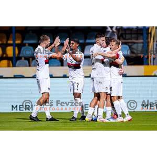 Matic Zavnik and players of Primorje celebrate a goal during Prva liga Telemach 2025/2026 football match between Kalcer Radomlje and Primorje in Domzale, Slovenia on August 15, 2025