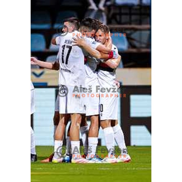 Matic Zavnik and players of Primorje celebrate a goal during Prva liga Telemach 2025/2026 football match between Kalcer Radomlje and Primorje in Domzale, Slovenia on August 15, 2025