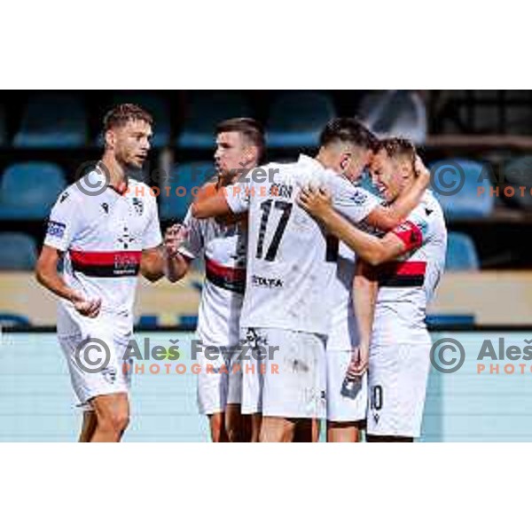 Matic Zavnik and players of Primorje celebrate a goal during Prva liga Telemach 2025/2026 football match between Kalcer Radomlje and Primorje in Domzale, Slovenia on August 15, 2025