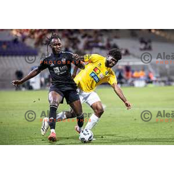 Patrick Orphe Mbina vs Kenan Toibibou in action during Prva liga Telemach 2025/26 football match between NK Maribor and NK Bravo Big Bang in Ljudski vrt, Maribor, Slovenia on August 16, 2025. Photo: Jure Banfi