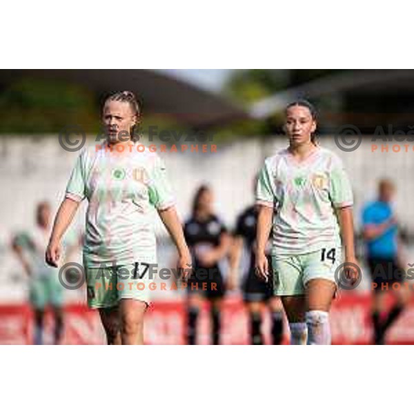 Marcela Kos and Natalija Globocnik in action during Zenska nogometna liga Triglav 2025/26 women football match between ZNK Mura Nona and ZNK Olimpija in Fazanerija, Murska Sobota, Slovenia on August 17, 2025. Photo: Jure Banfi