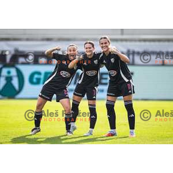 Elena Paneska, Spela Kolbl and Ana Milovic celebrate goal during Zenska nogometna liga Triglav 2025/26 women football match between ZNK Mura Nona and ZNK Olimpija in Fazanerija, Murska Sobota, Slovenia on August 17, 2025. Photo: Jure Banfi