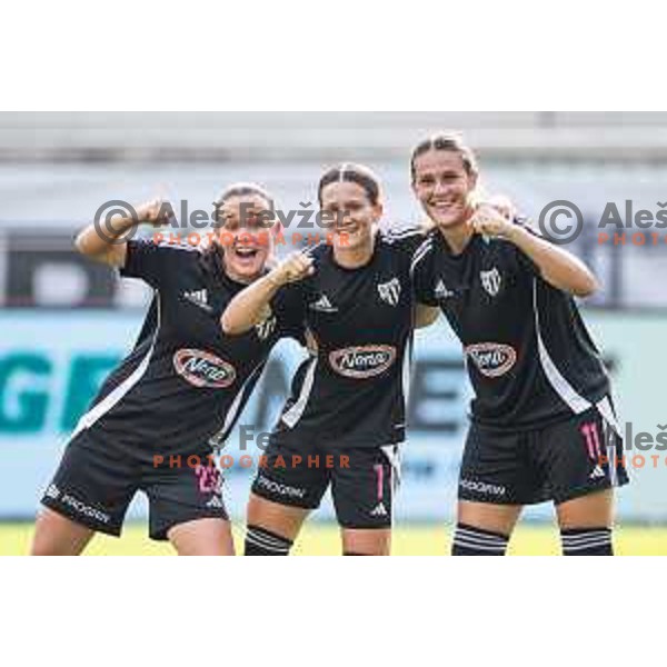 Elena Paneska, Spela Kolbl and Ana Milovic celebrate goal during Zenska nogometna liga Triglav 2025/26 women football match between ZNK Mura Nona and ZNK Olimpija in Fazanerija, Murska Sobota, Slovenia on August 17, 2025. Photo: Jure Banfi