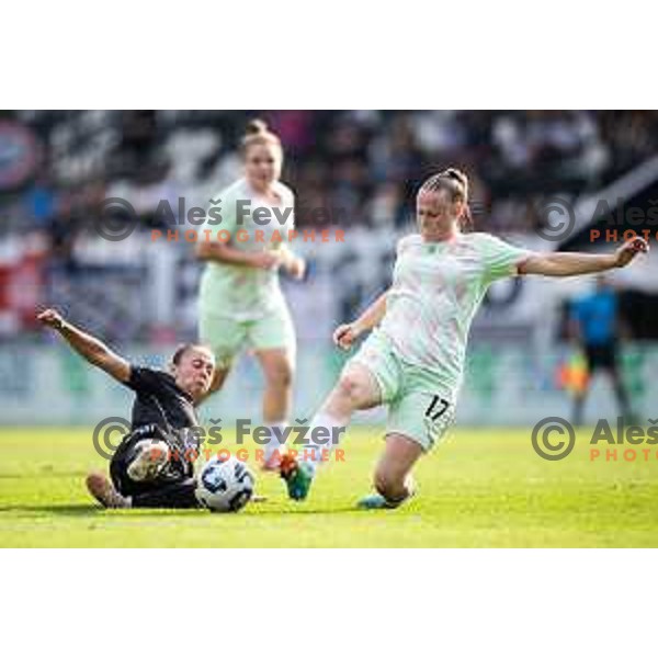 Yana Malakhova vs Marcela Kos in action during Zenska nogometna liga Triglav 2025/26 women football match between ZNK Mura Nona and ZNK Olimpija in Fazanerija, Murska Sobota, Slovenia on August 17, 2025. Photo: Jure Banfi