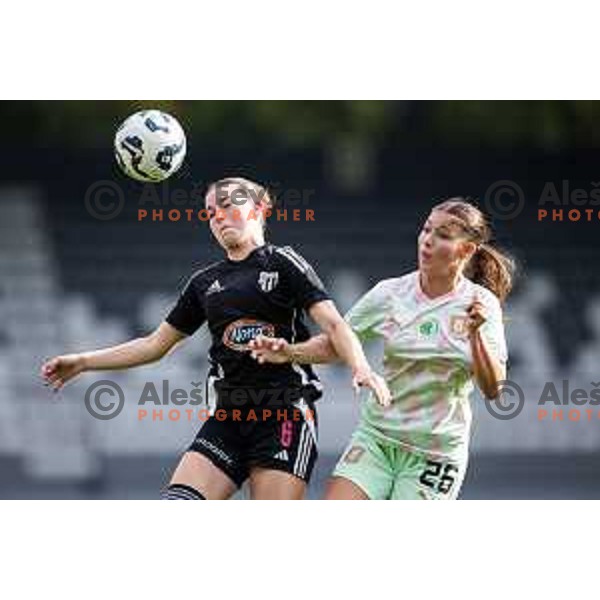 Gala Dasovic Ravnik vs Naja Hasanic in action during Zenska nogometna liga Triglav 2025/26 women football match between ZNK Mura Nona and ZNK Olimpija in Fazanerija, Murska Sobota, Slovenia on August 17, 2025. Photo: Jure Banfi