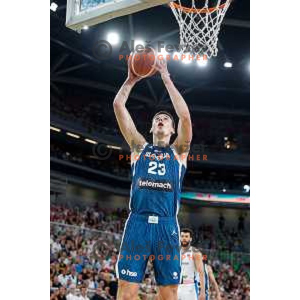 Luka Scuka in action during EuroBasket 2025 preparation game between Slovenia and Great Britain in SRC Stozice, Ljubljana, Slovenia on August 19, 2025