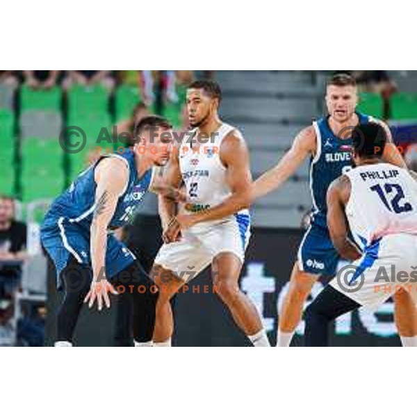 Gregor Hrovat in action during EuroBasket 2025 preparation game between Slovenia and Great Britain in SRC Stozice, Ljubljana, Slovenia on August 19, 2025