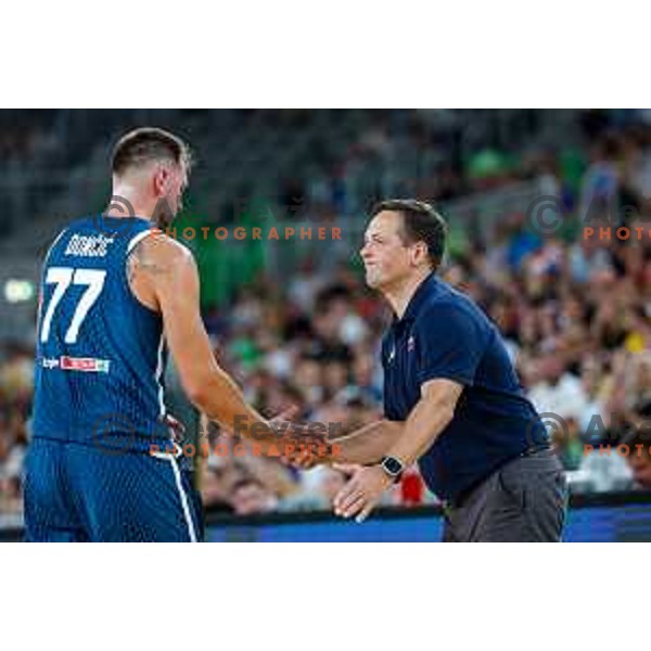 Luka Doncic and Aleksander Sekulic, head coach of Slovenia during EuroBasket 2025 preparation game between Slovenia and Great Britain in SRC Stozice, Ljubljana, Slovenia on August 19, 2025