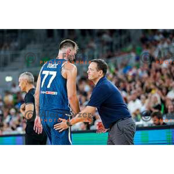 Luka Doncic and Aleksander Sekulic, head coach of Slovenia during EuroBasket 2025 preparation game between Slovenia and Great Britain in SRC Stozice, Ljubljana, Slovenia on August 19, 2025