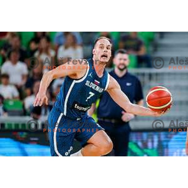 Klemen Prepelic in action during EuroBasket 2025 preparation game between Slovenia and Great Britain in SRC Stozice, Ljubljana, Slovenia on August 19, 2025