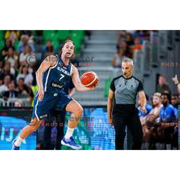 Klemen Prepelic in action during EuroBasket 2025 preparation game between Slovenia and Great Britain in SRC Stozice, Ljubljana, Slovenia on August 19, 2025