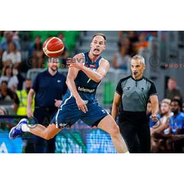 Klemen Prepelic in action during EuroBasket 2025 preparation game between Slovenia and Great Britain in SRC Stozice, Ljubljana, Slovenia on August 19, 2025