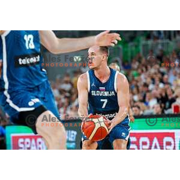 Klemen Prepelic in action during EuroBasket 2025 preparation game between Slovenia and Great Britain in SRC Stozice, Ljubljana, Slovenia on August 19, 2025