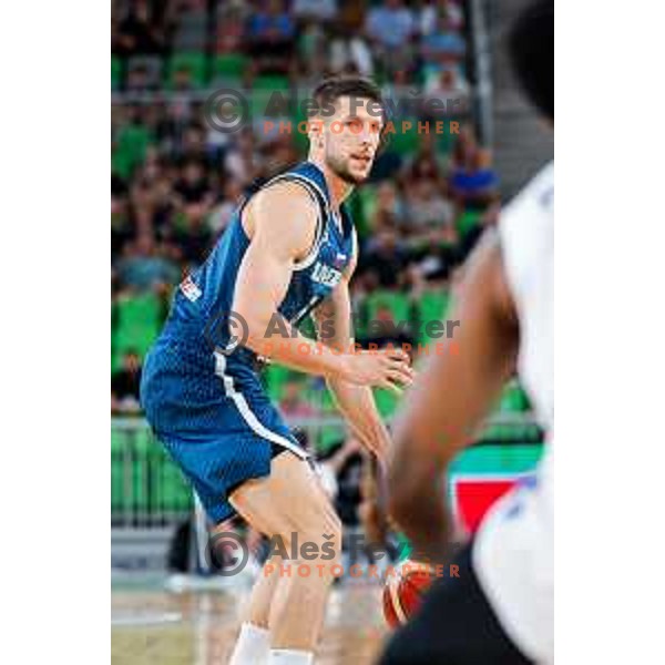 Aleksej Nikolic in action during EuroBasket 2025 preparation game between Slovenia and Great Britain in SRC Stozice, Ljubljana, Slovenia on August 19, 2025