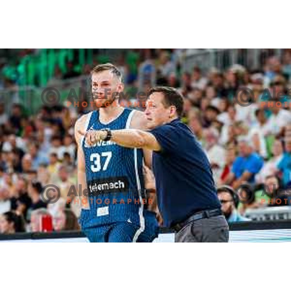 Leon Stergar and Aleksander Sekulic, head coach of Slovenia during EuroBasket 2025 preparation game between Slovenia and Great Britain in SRC Stozice, Ljubljana, Slovenia on August 19, 2025