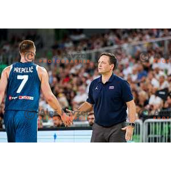 Klemen Prepelic and Aleksander Sekulic, head coach of Slovenia during EuroBasket 2025 preparation game between Slovenia and Great Britain in SRC Stozice, Ljubljana, Slovenia on August 19, 2025