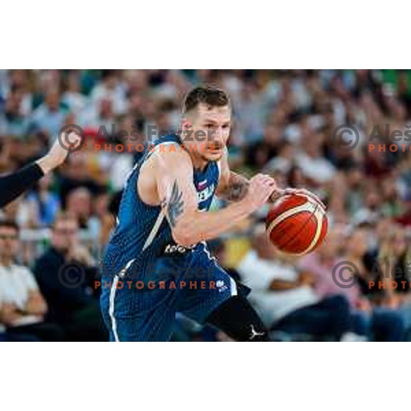 Gregor Hrovat in action during EuroBasket 2025 preparation game between Slovenia and Great Britain in SRC Stozice, Ljubljana, Slovenia on August 19, 2025