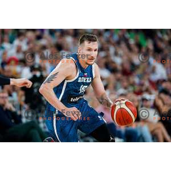 Gregor Hrovat in action during EuroBasket 2025 preparation game between Slovenia and Great Britain in SRC Stozice, Ljubljana, Slovenia on August 19, 2025