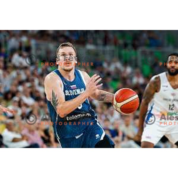 Gregor Hrovat in action during EuroBasket 2025 preparation game between Slovenia and Great Britain in SRC Stozice, Ljubljana, Slovenia on August 19, 2025