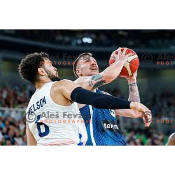 Gregor Hrovat in action during EuroBasket 2025 preparation game between Slovenia and Great Britain in SRC Stozice, Ljubljana, Slovenia on August 19, 2025