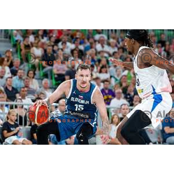 Gregor Hrovat in action during EuroBasket 2025 preparation game between Slovenia and Great Britain in SRC Stozice, Ljubljana, Slovenia on August 19, 2025