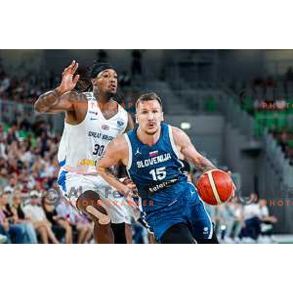 Gregor Hrovat in action during EuroBasket 2025 preparation game between Slovenia and Great Britain in SRC Stozice, Ljubljana, Slovenia on August 19, 2025