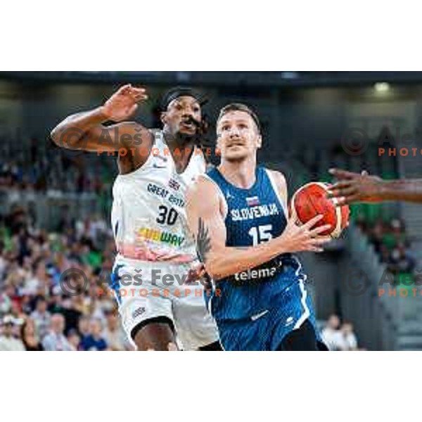 Gregor Hrovat in action during EuroBasket 2025 preparation game between Slovenia and Great Britain in SRC Stozice, Ljubljana, Slovenia on August 19, 2025