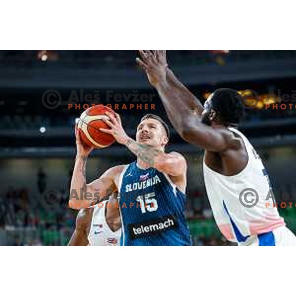 Gregor Hrovat in action during EuroBasket 2025 preparation game between Slovenia and Great Britain in SRC Stozice, Ljubljana, Slovenia on August 19, 2025
