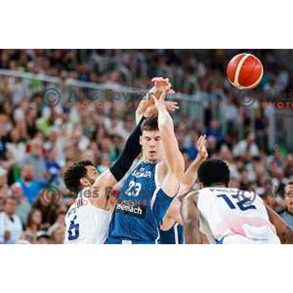 Luka Scuka in action during EuroBasket 2025 preparation game between Slovenia and Great Britain in SRC Stozice, Ljubljana, Slovenia on August 19, 2025