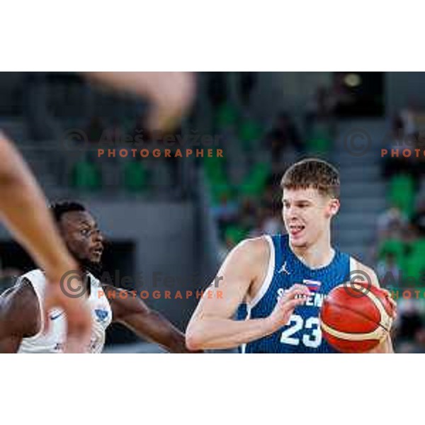 Luka Scuka in action during EuroBasket 2025 preparation game between Slovenia and Great Britain in SRC Stozice, Ljubljana, Slovenia on August 19, 2025