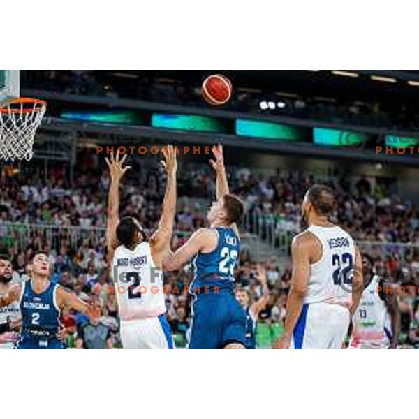 Luka Scuka in action during EuroBasket 2025 preparation game between Slovenia and Great Britain in SRC Stozice, Ljubljana, Slovenia on August 19, 2025