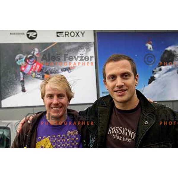 Alpine skiier Ted Ligety from USA visited Slovenia and sports shop Forma F+ where he meets owner and his old friend Jure Kosir, Ljubljana 29.10.2008 