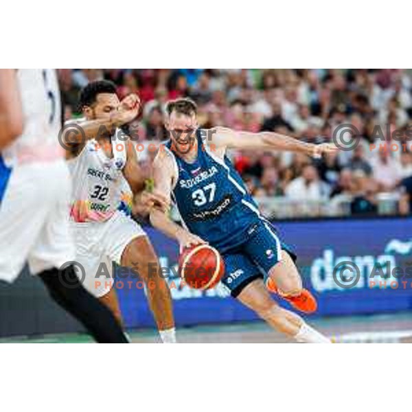 Leon Stergar in action during EuroBasket 2025 preparation game between Slovenia and Great Britain in SRC Stozice, Ljubljana, Slovenia on August 19, 2025