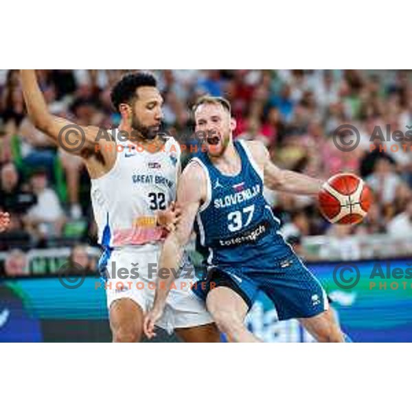 Leon Stergar in action during EuroBasket 2025 preparation game between Slovenia and Great Britain in SRC Stozice, Ljubljana, Slovenia on August 19, 2025