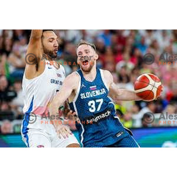 Leon Stergar in action during EuroBasket 2025 preparation game between Slovenia and Great Britain in SRC Stozice, Ljubljana, Slovenia on August 19, 2025