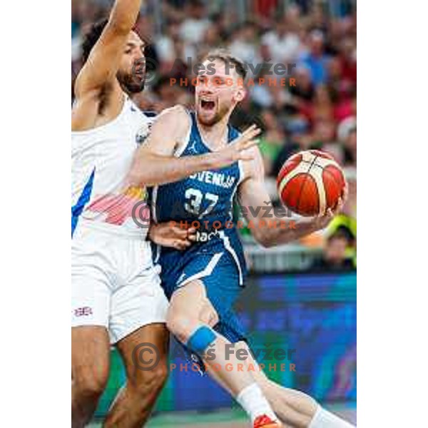 Leon Stergar in action during EuroBasket 2025 preparation game between Slovenia and Great Britain in SRC Stozice, Ljubljana, Slovenia on August 19, 2025