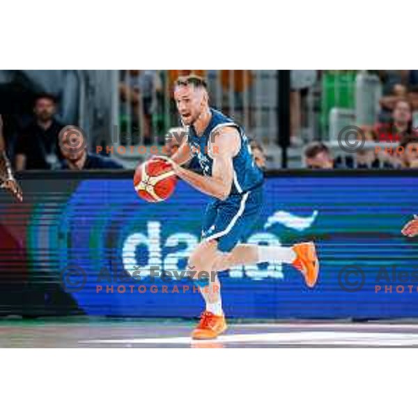 Leon Stergar in action during EuroBasket 2025 preparation game between Slovenia and Great Britain in SRC Stozice, Ljubljana, Slovenia on August 19, 2025