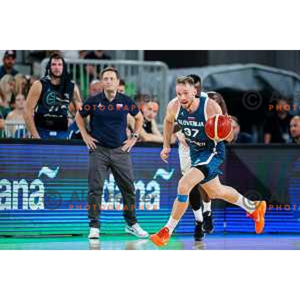 Leon Stergar in action during EuroBasket 2025 preparation game between Slovenia and Great Britain in SRC Stozice, Ljubljana, Slovenia on August 19, 2025