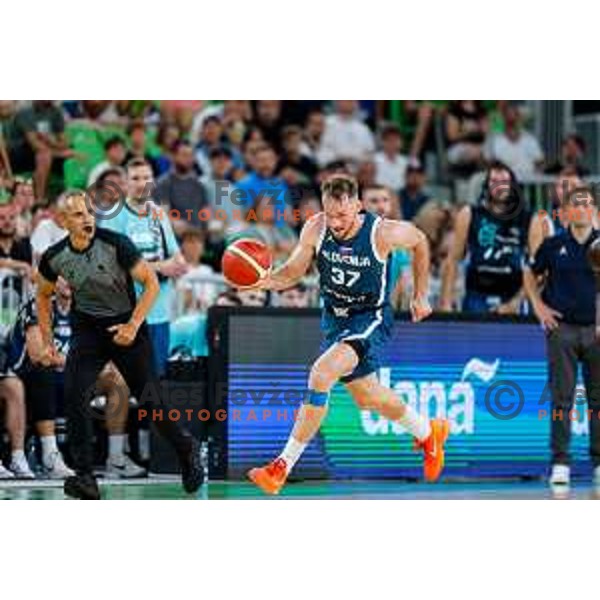 Leon Stergar in action during EuroBasket 2025 preparation game between Slovenia and Great Britain in SRC Stozice, Ljubljana, Slovenia on August 19, 2025