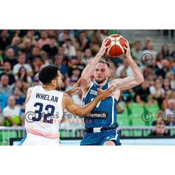 Leon Stergar in action during EuroBasket 2025 preparation game between Slovenia and Great Britain in SRC Stozice, Ljubljana, Slovenia on August 19, 2025