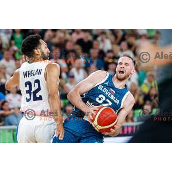 Leon Stergar in action during EuroBasket 2025 preparation game between Slovenia and Great Britain in SRC Stozice, Ljubljana, Slovenia on August 19, 2025