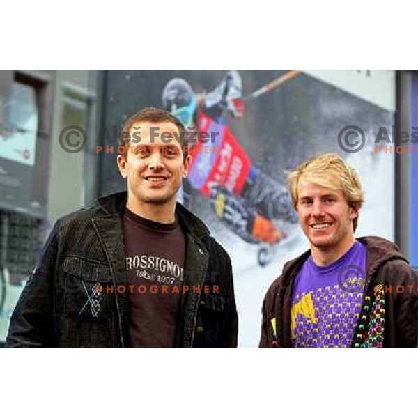 Alpine skiier Ted Ligety from USA visited Slovenia and sports shop Forma F+ where he meets owner and his old friend Jure Kosir, Ljubljana 29.10.2008 