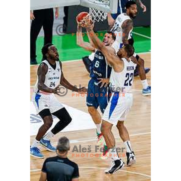 Aleksej Nikolic in action during EuroBasket 2025 preparation game between Slovenia and Great Britain in SRC Stozice, Ljubljana, Slovenia on August 19, 2025